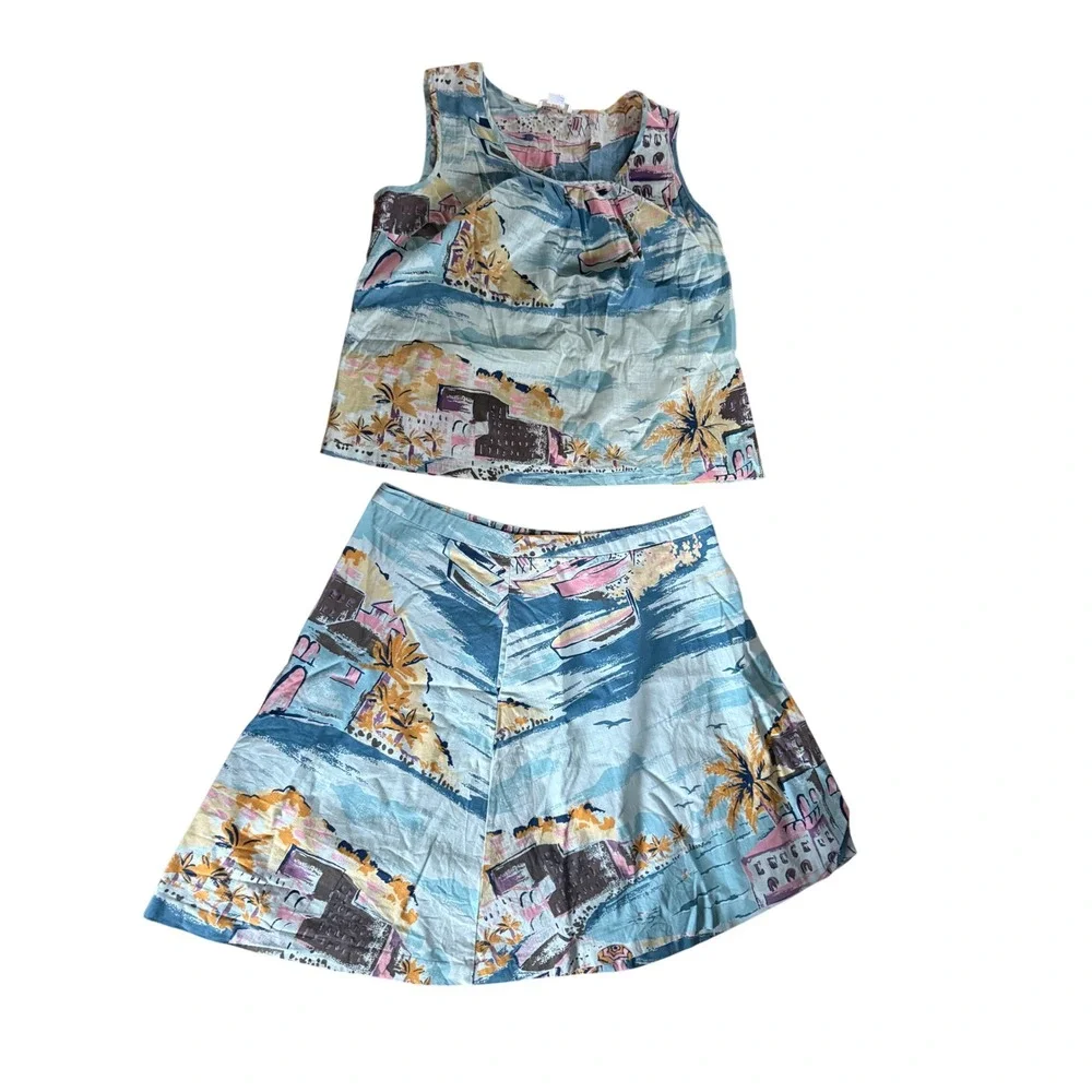 Boden Women Tropical Coastal Print Cotton 2 Piece Set Top Skirt Blue US 18